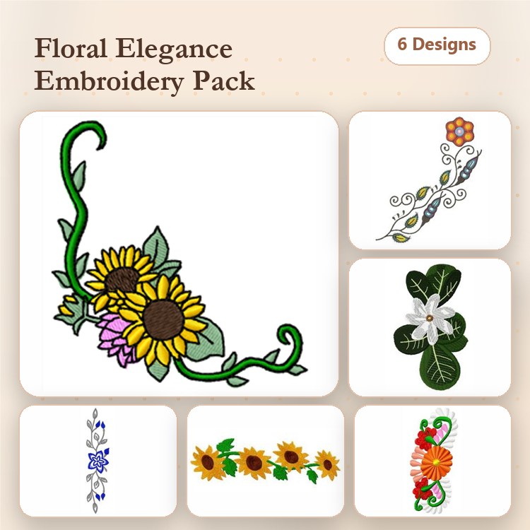 Floral Elegance Embroidery Designs Bundle – Sunflower Bouquet, Vine with Flowers, Floral Stem & More (6 Designs)
