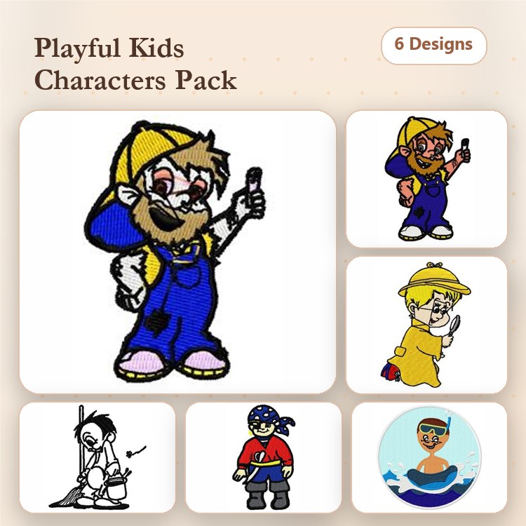 Playful Children Characters Embroidery Designs Bundle – Boy with Blue Overalls, Girl in Yellow Dress, Pirate Kid & More (6 Designs)