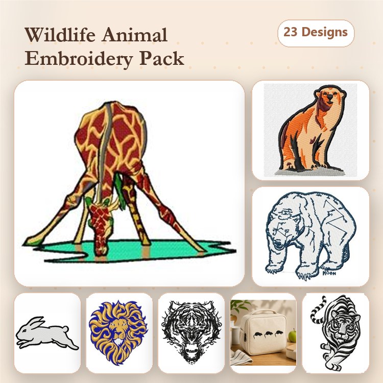 Wildlife Animals Embroidery Designs Bundle – Giraffe, Meerkat, Panda Bear & More (23 Designs)