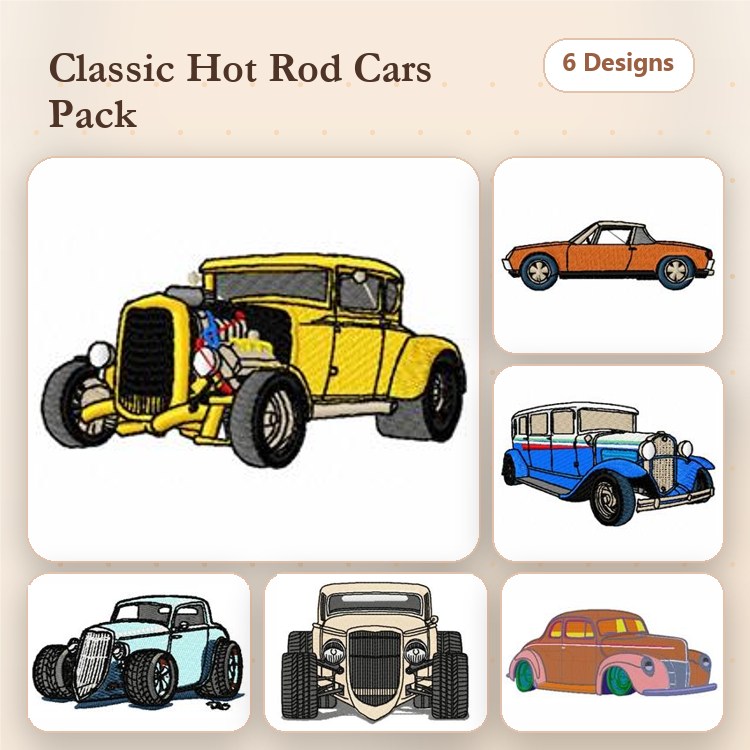 Classic Hot Rod Cars Embroidery Designs Bundle – Yellow Hot Rod, Red Convertible, Blue Classic Car & More (6 Designs)