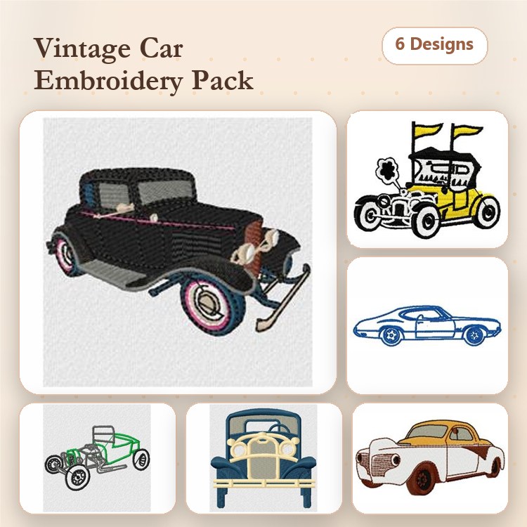 Classic Cars Embroidery Bundle – Classic Vintage Car, Race Car with Flags, Old Timer Car & More (6 Designs)
