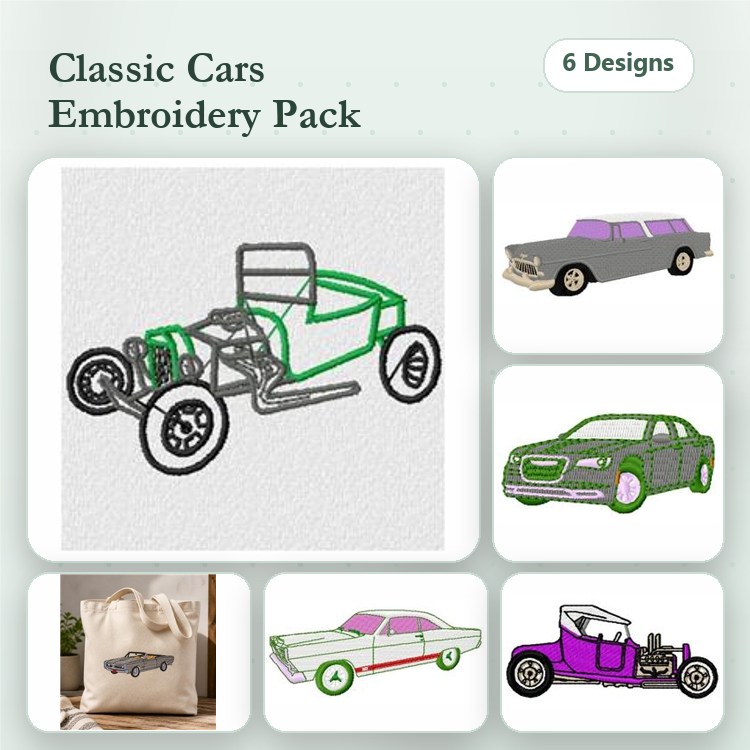 Classic Cars Embroidery Designs Bundle – Hot Rod, Convertible, Sedan & More (6 Designs)