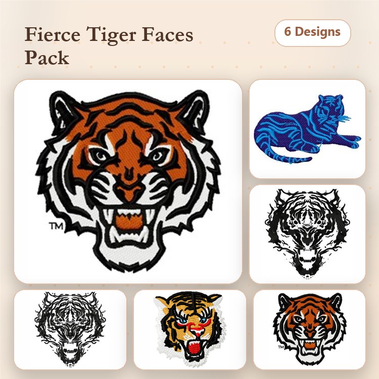 Wild Animal Embroidery Designs Bundle – Fierce Tiger Face, Blue Tiger Face, Angry Tiger Face & More (6 Designs)