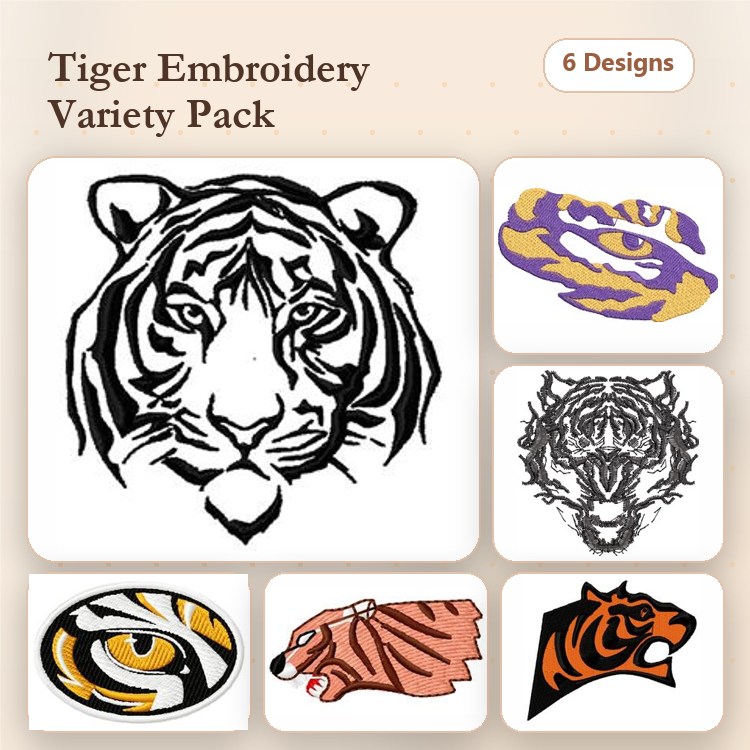 Tiger Embroidery Designs Bundle – Tiger Head, Tiger Face, Tiger Stripes & More (6 Designs)