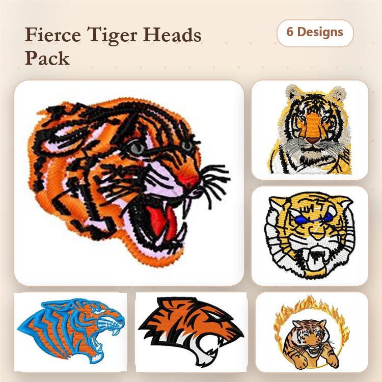 Fierce Tiger Heads Embroidery Designs Bundle – Roaring Tiger Head, Blue Tiger Head, Angry Tiger Head & More (6 Designs)