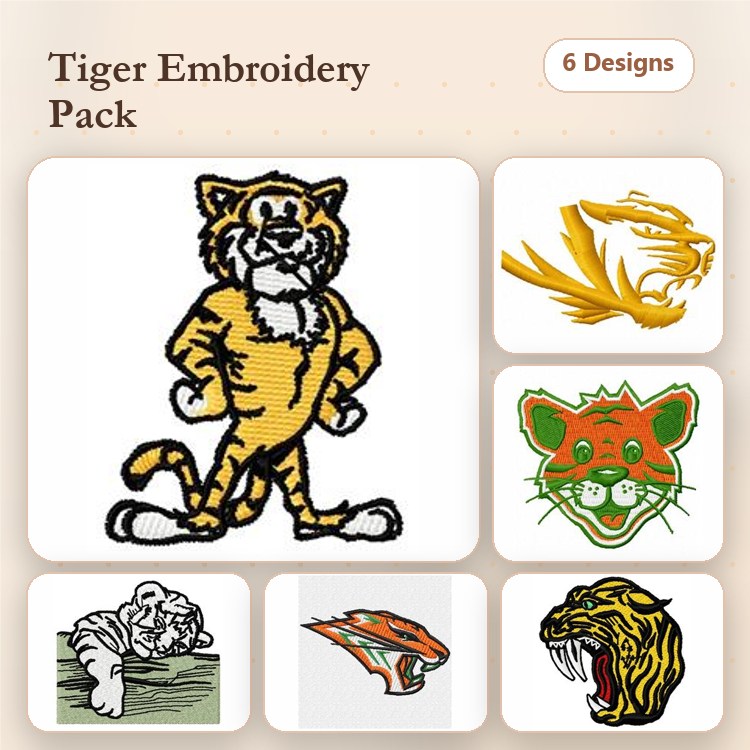Tiger Designs Embroidery Bundle – Tiger Mascot, Tiger Face, Cartoon Tiger & More (6 Designs)