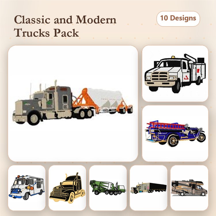 Vehicles Embroidery Designs Bundle – Fire Truck, Tow Truck, Ambulance & More (10 Designs)