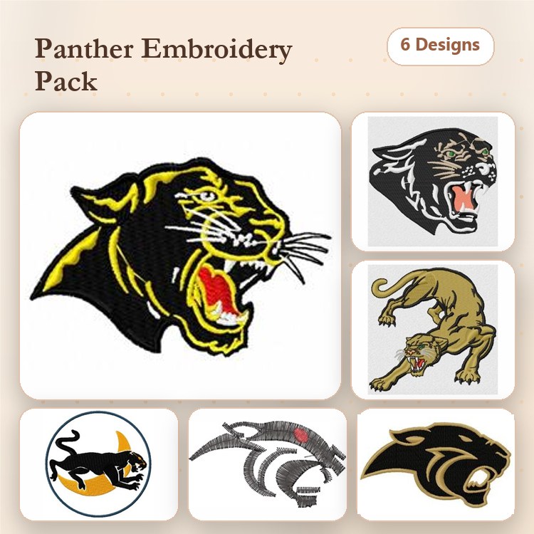 Wild Animal Embroidery Bundle – Roaring Panther Head, Crouching Panther, Panther Profile & More (6 Designs)