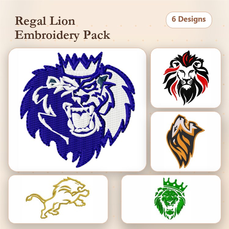 Regal Lion Embroidery Bundle – Lion Head with Crown, Roaring Lion, Lion Face Profile & More (6 Designs)