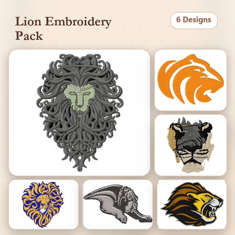 Lion Themed Embroidery Bundle – Lion Head, Tiger Face, Lion Portrait & More (6 Designs)
