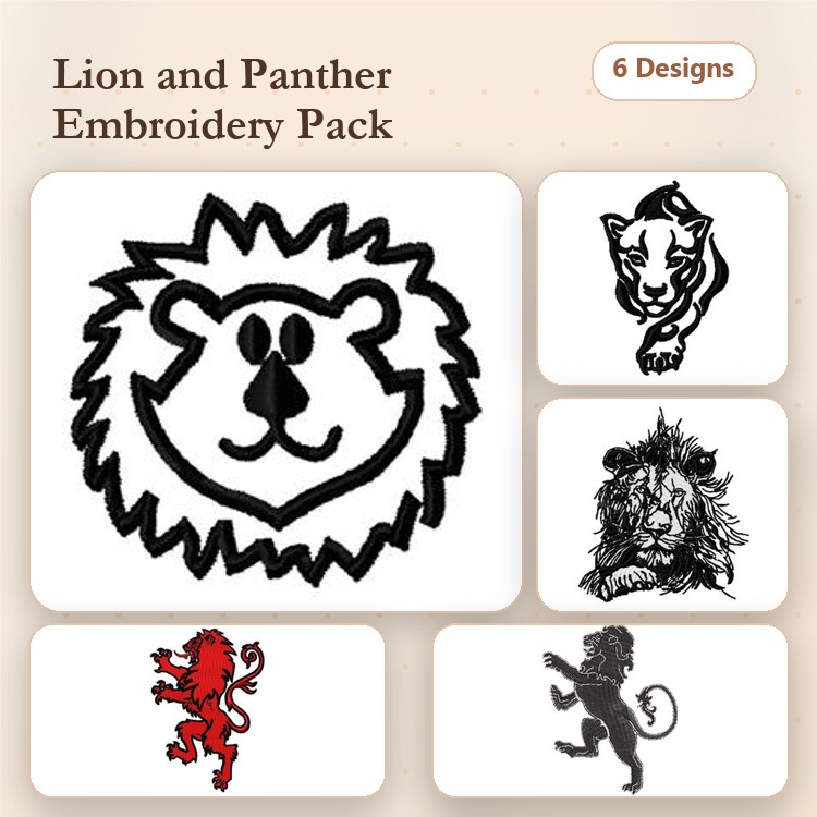Lion & Panther Embroidery Designs Bundle – Lion Face, Roaring Lion, Panther Silhouette & More (6 Designs)