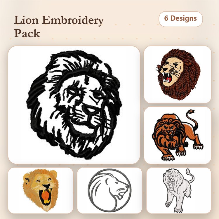 Lion Embroidery Designs Bundle – Lion Head, Roaring Lion, Sitting Lion & More (6 Designs)