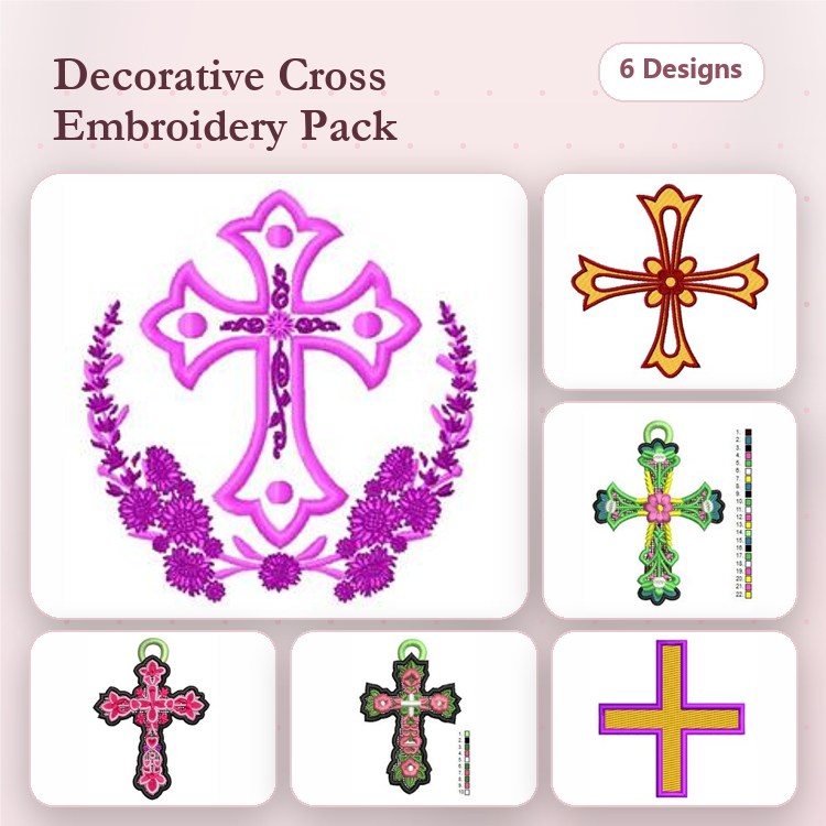Decorative Cross Embroidery Designs Bundle – Floral Cross with Pink Flowers, Simple Cross with Ornaments & More (6 Designs)