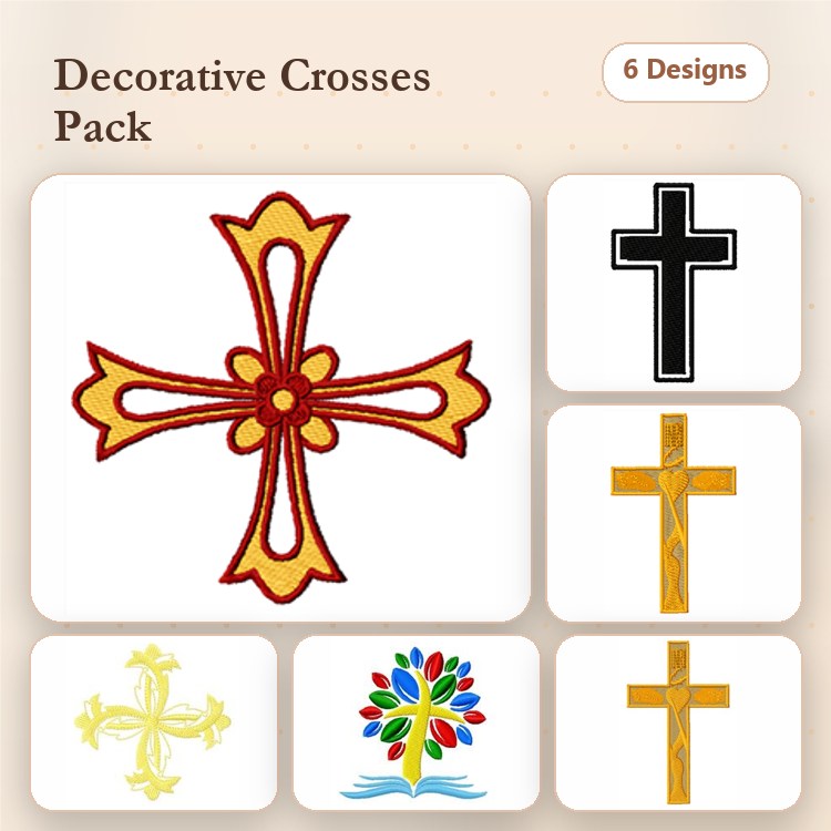Decorative Cross Embroidery Designs Bundle – Red Decorative Cross, Black Cross, Wooden Cross & More (6 Designs)