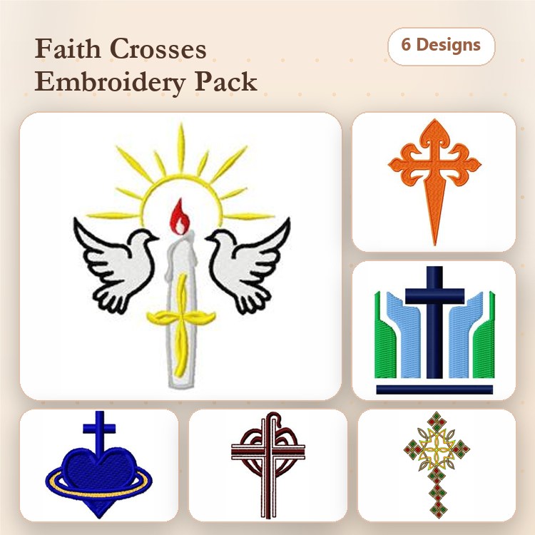 Faith Themed Cross Embroidery Designs Bundle – Dove with Candle Cross, Ornate Cross, Floral Cross & More (6 Designs)