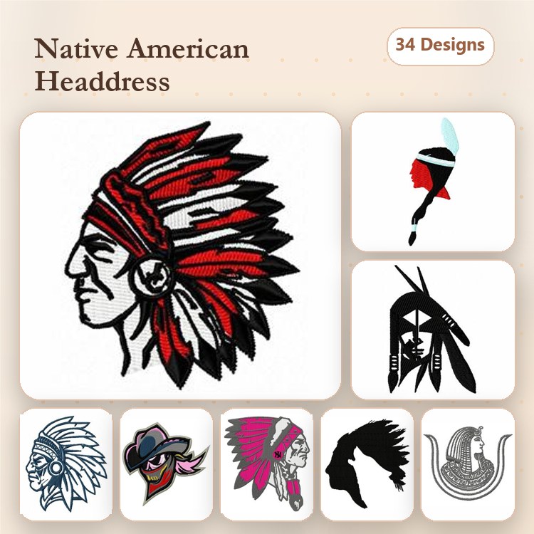 Native American Headdresses Embroidery Designs Bundle – Chief, Profile of Native American, Woman with Headdress & More (34 Designs)