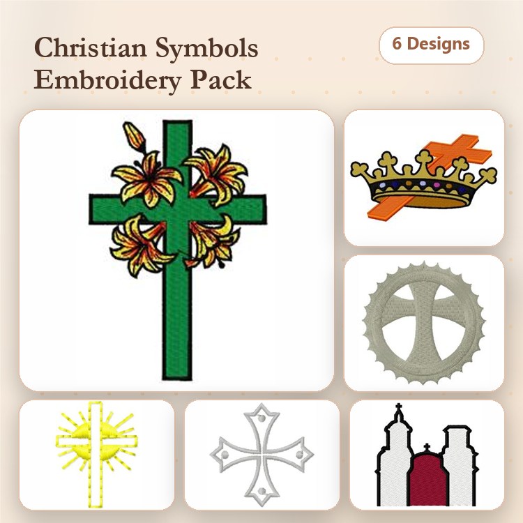 Christian Symbols Embroidery Designs Bundle – Floral Cross, Crown of Thorns, Decorative Cross & More (6 Designs)
