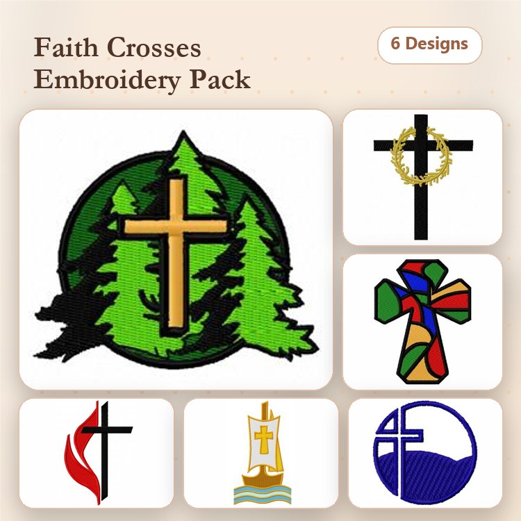 Faith-themed Cross Embroidery Designs Bundle – Cross with Trees, Simple Cross, Cross with Wreath & More (6 Designs)