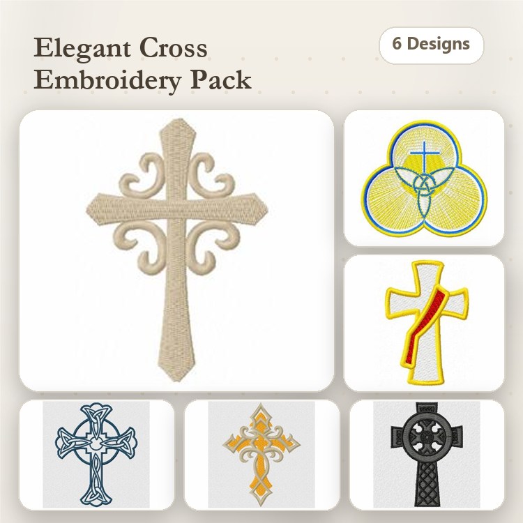 Elegant Cross Embroidery Designs Bundle – Floral Cross, Trinity Cross, Decorative Cross & More (6 Designs)