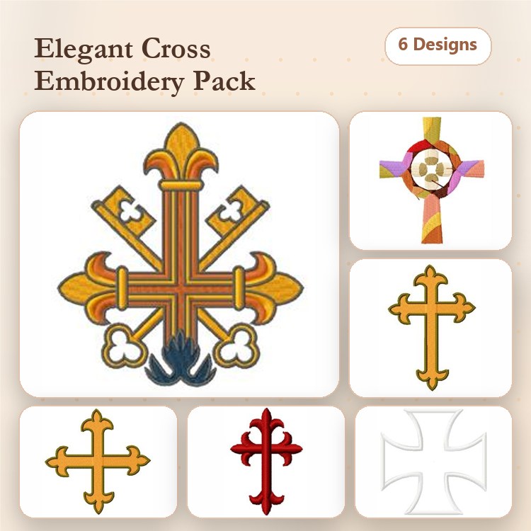 Elegant Cross Embroidery Designs Bundle – Decorative Cross with Fleur-de-Lis, Geometric Pattern Cross & More (6 Designs)