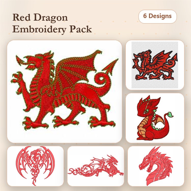 Red Dragon Embroidery Designs Bundle – Red Dragon with Wings, Celtic Red Dragon, Fire Breathing Dragon & More (6 Designs)
