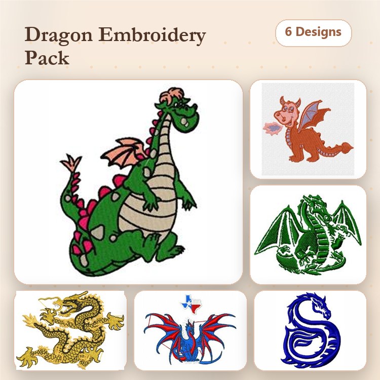 Dragon Characters Embroidery Designs Bundle – Cartoon Dragon with Wings, Cute Baby Dragon, Chinese Dragon & More (6 Designs)
