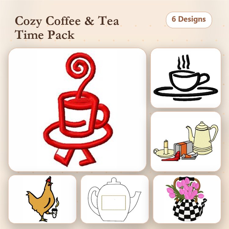 Coffee and Tea Themes Embroidery Designs Bundle – Red Coffee Cup, Tea Pot with Teacups, Teapot & More (6 Designs)