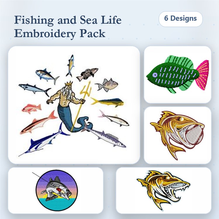 Fishing & Sea Life Embroidery Designs Bundle – Fishing King, Colorful Fish, Bass Fish & More (6 Designs)