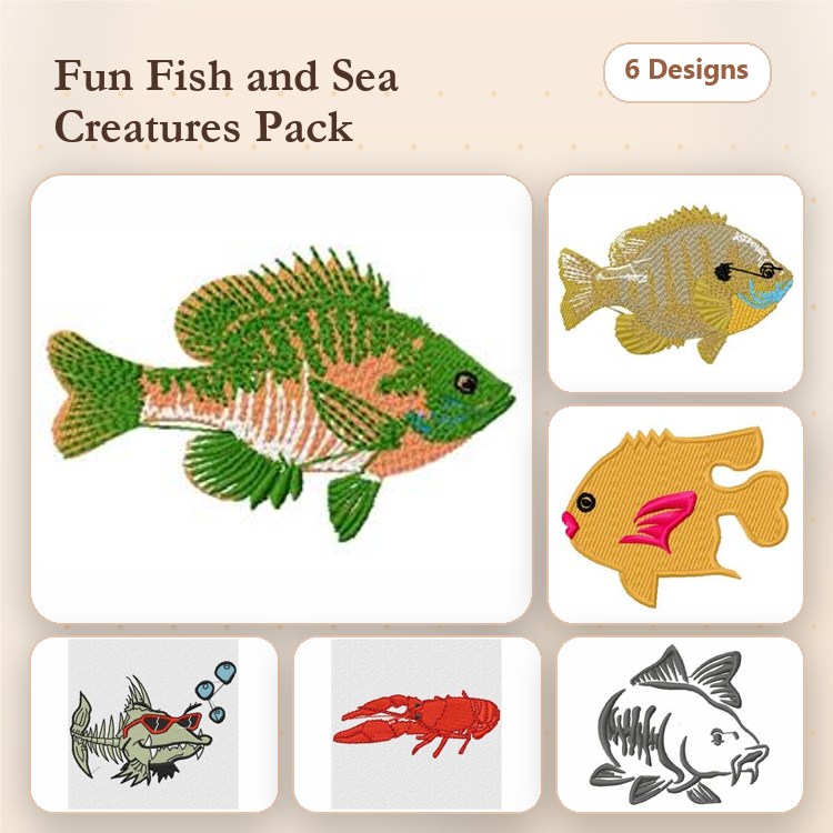 Fish & Sea Creatures Embroidery Designs Bundle – Bass Fish, Goldfish, Red Lobster & More (6 Designs)