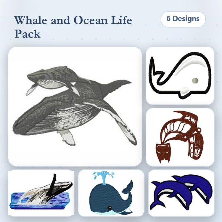 Whale and Ocean Life Embroidery Designs Bundle – Humpback Whale, Dolphins, Orca & More (6 Designs)