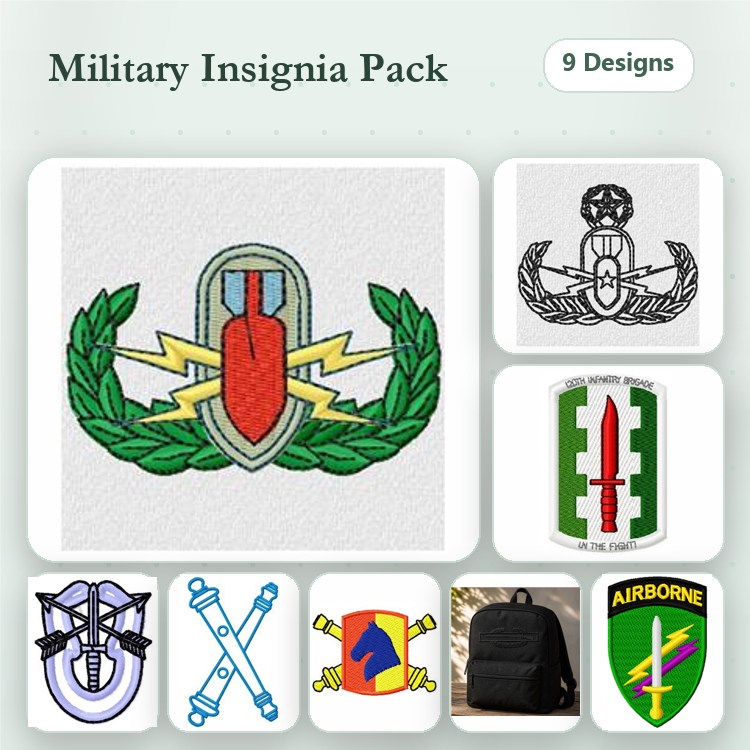 Military Insignia Embroidery Bundle – Military Shield, Logo, Crest, Crossed Swords & More (9 Designs)