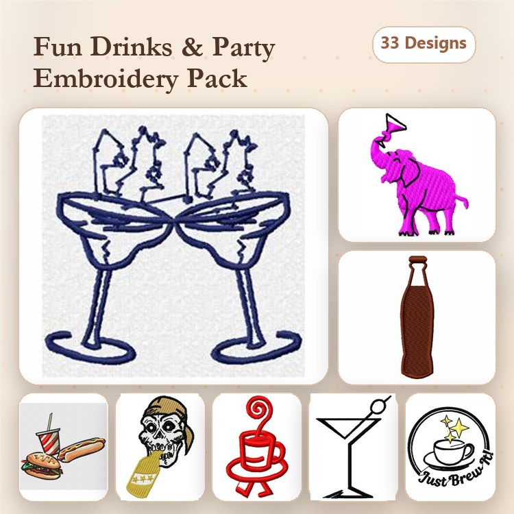 Food and Drink Embroidery Designs Bundle – Brown Bottle, Champagne Glass, Cocktail Glass, Pink Elephant & More (33 Designs)