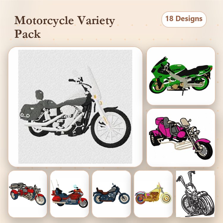 Motorcycle Embroidery Designs Bundle – Green Motorcycle, Pink Motorcycle, Cruiser Motorcycle & More (18 Designs)
