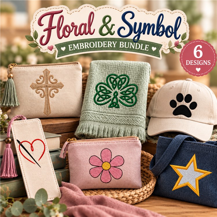Floral & Symbol Embroidery Bundle – Floral Cross, Celtic Knot, Paw Print & More (6 Designs)