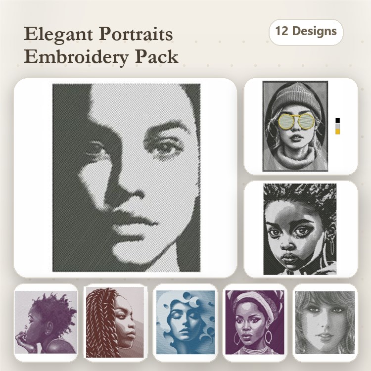 Elegant Portraits Embroidery Bundle – Diverse Female Figures (12 Designs)