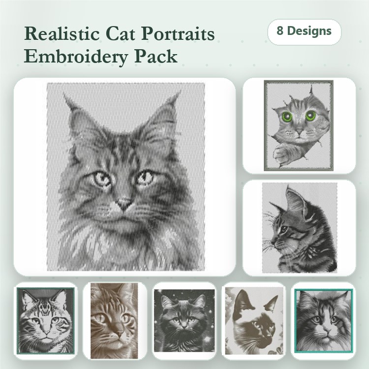 Realistic Cat Portraits Embroidery Bundle – Detailed Designs (8 Designs)