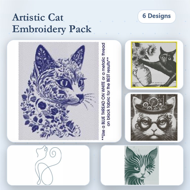 Artistic Cat Embroidery Bundle – Unique Cat Designs (6 Designs)