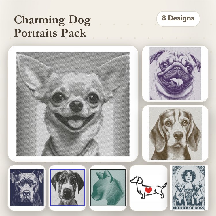Charming Dog Portraits Embroidery Bundle – Various Breeds (8 Designs)