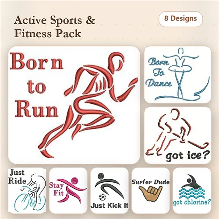 Redwork Active Sports & Fitness Embroidery Designs Bundle – Born to Run, Just Ride, Stay Fit & More (8 Designs)
