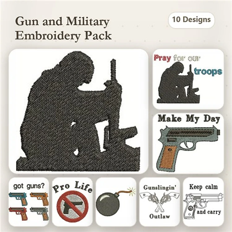 Gun and Military Embroidery Designs Bundle – Soldier Silhouette, Pistol, Outlaw Gun & More (10 Designs)