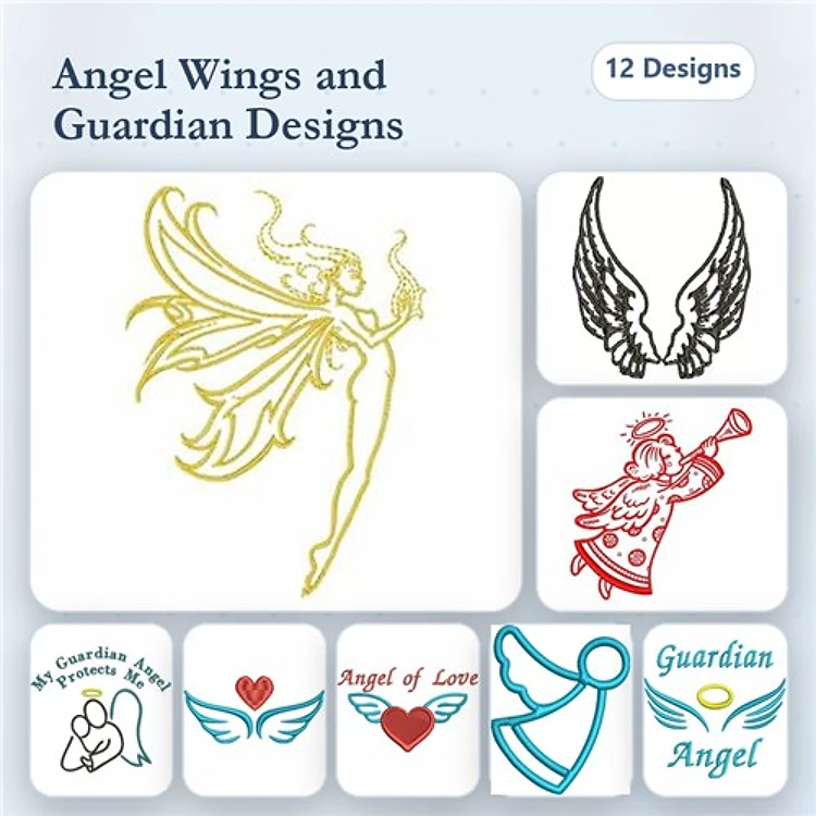 Angel Wings & Guardian Embroidery Bundle – Fairy with Wings, Guardian Angel, Heart with Wings & More (12 Designs)