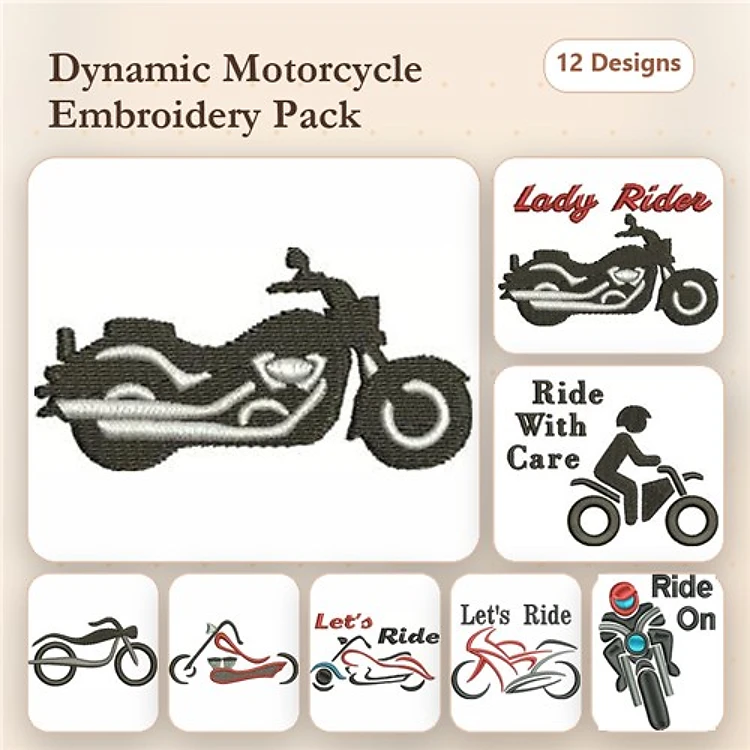 Motorcycle Themed Embroidery Designs Bundle – Motorcycle Outline, Lady Rider, Ride With Care & More (12 Designs)