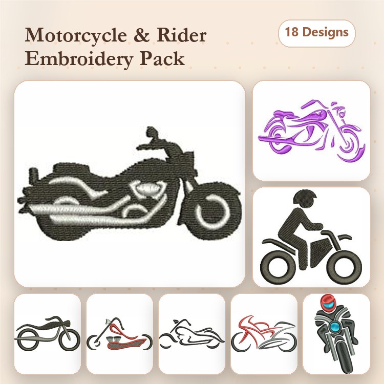 Motorcycle & Rider Embroidery Designs Bundle – Classic Motorcycle, Sport Bike, Chopper & More (18 Designs)