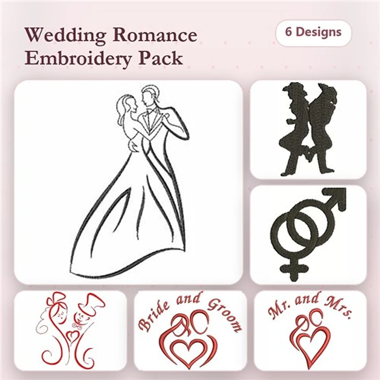 Wedding Romance Embroidery Designs Bundle – Dancing Couple, Silhouette Couple, Mr. and Mrs., & More (6 Designs)