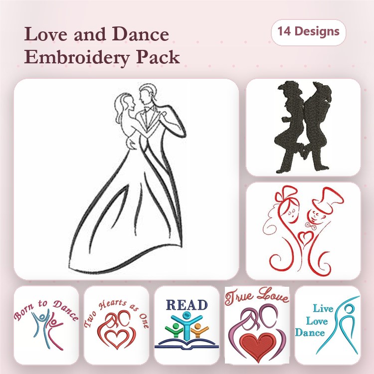 Love & Dance Embroidery Designs Bundle – Dancing Couple, Hearts and Dance, True Love & More (14 Designs)