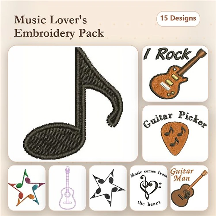 Music-Themed Embroidery Bundle – Music Note, Guitar, Guitar Picker & More (15 Designs)