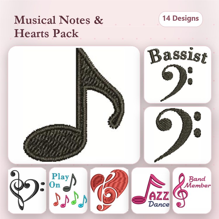 Musical Notes and Hearts Embroidery Designs Bundle – Musical Note, Bassist, Play On & More (14 Designs)