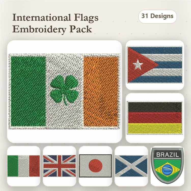 International Flags Embroidery Designs Bundle – Irish, Cuban, German & More (31 Designs)