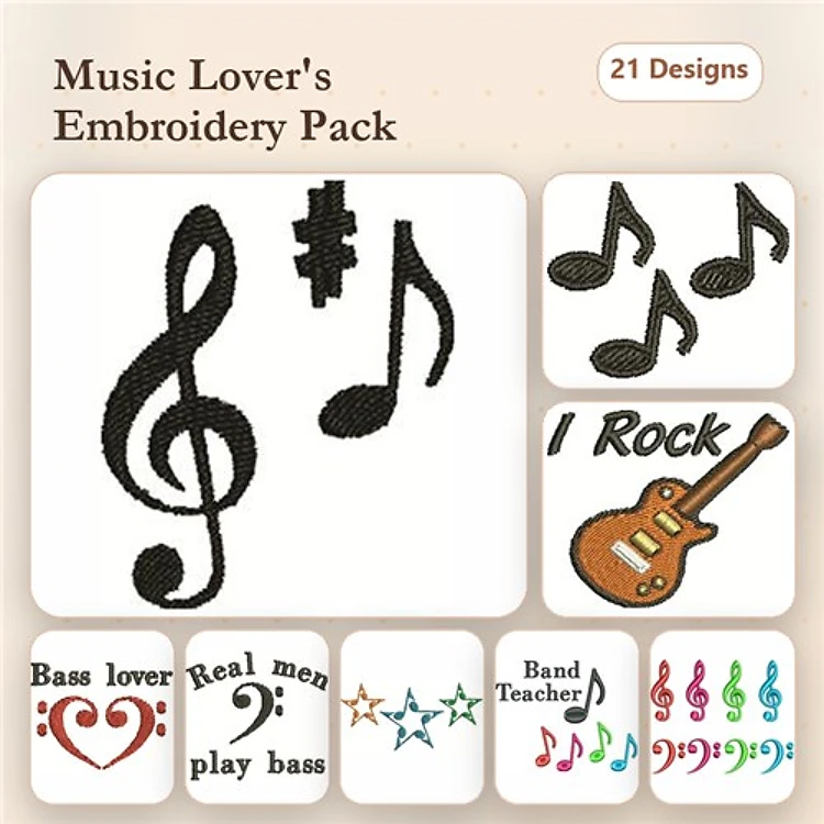 Music-Themed Embroidery Designs Bundle – Treble Clef, Bass Clef, Guitar & More (21 Designs)