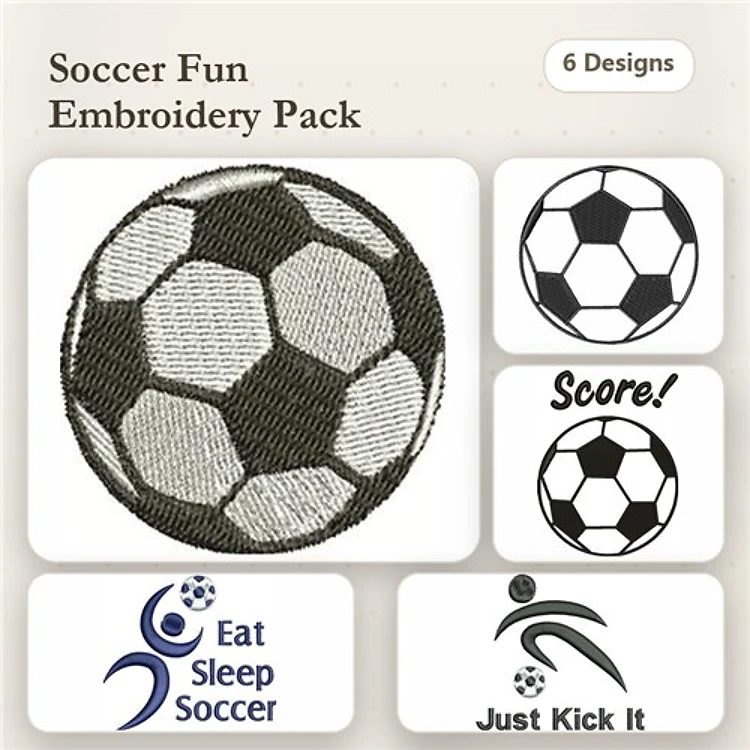 Soccer-Themed Embroidery Designs Bundle – Soccer Ball, Score!, Eat Sleep Soccer, Just Kick It (6 Designs)